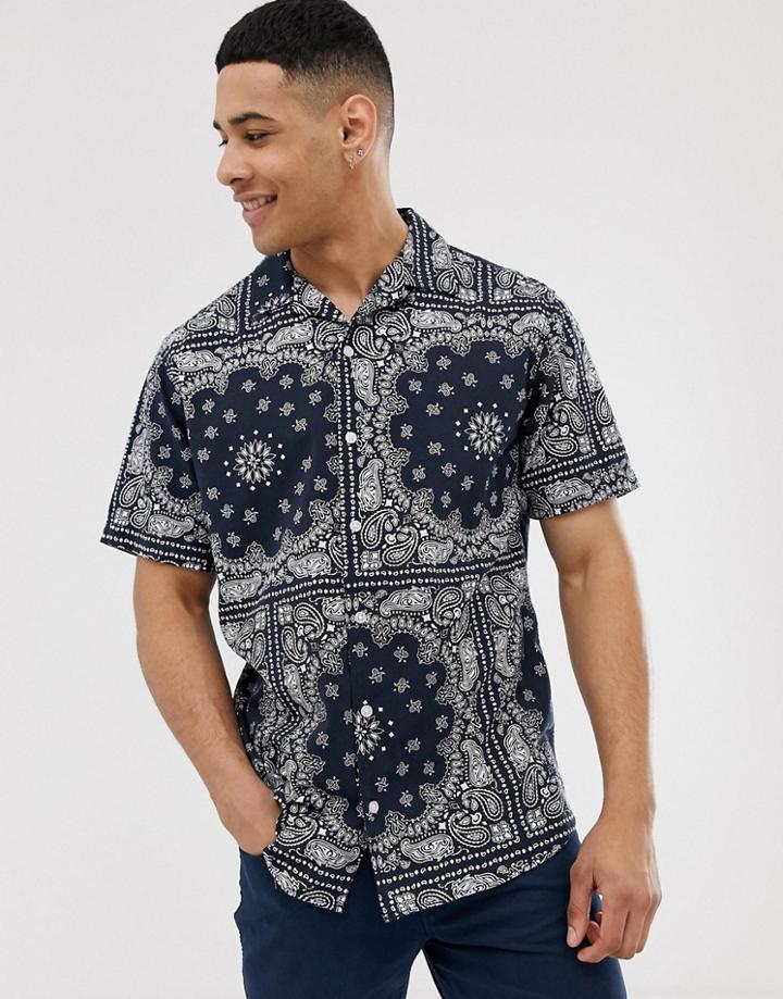 Jack & Jones Originals Oversize Fit Revere Collar Short Sleeve Paisley Shirt In Navy
