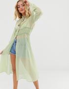 Asos Design Long Sleeve Sheer Longline Kimono With Lace Insert - Green