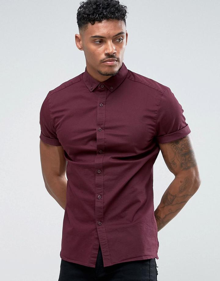 Asos Skinny Twill Shirt In Dark Burgundy - Purple