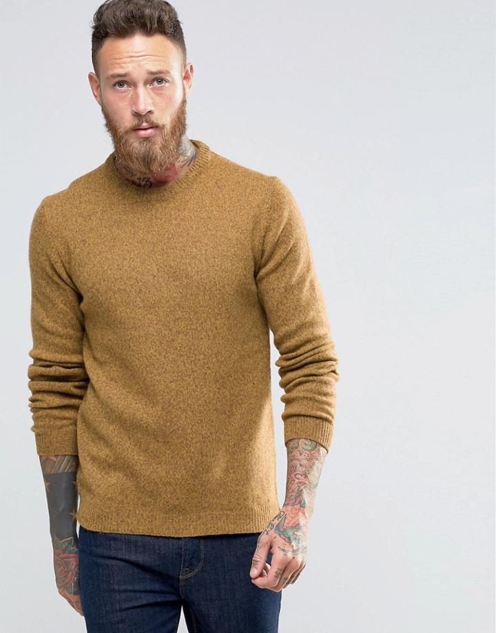 Asos Lambswool Rich Crew Neck Sweater In Mustard Twist - Yellow