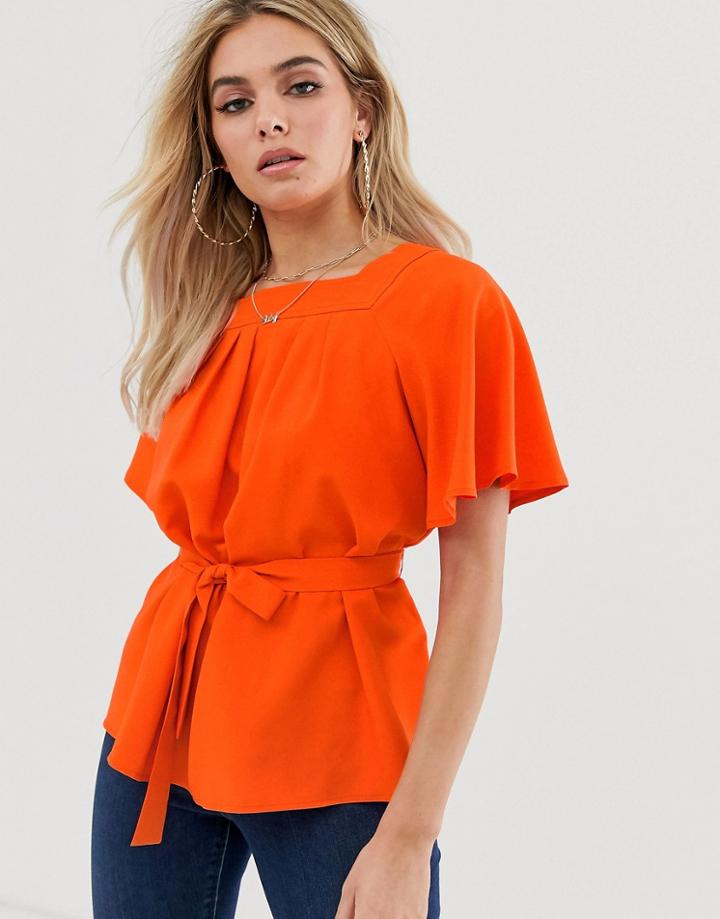 Asos Design Pleat Front Top With Belt Detail - Orange
