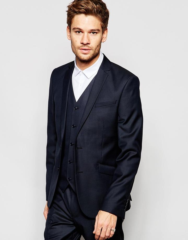 Asos Slim Suit Jacket In Navy Wool - Navy