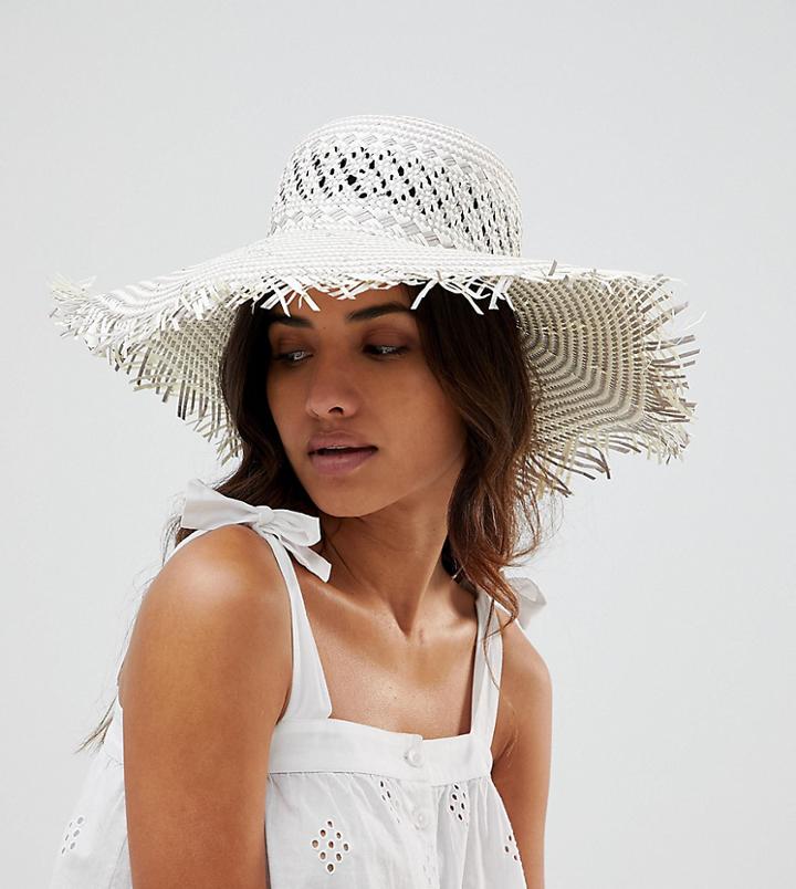 South Beach Woven Straw Hat With Frayed Edge - Beige