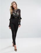Dark Pink Lace Jumpsuit With Ruffles - Black