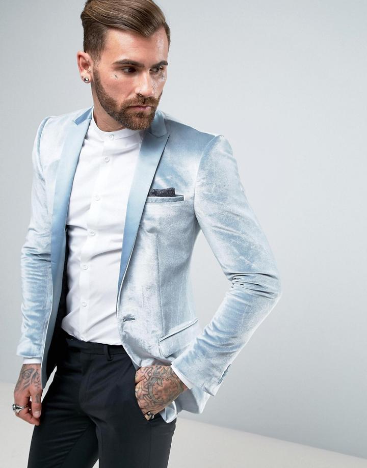 Asos Super Skinny Blazer In Powder Blue Velvet - Blue