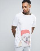 Asos Holidays Longline T-shirt With Santa Bulldog Print - White