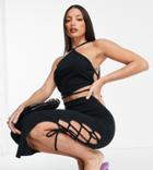 Missguided Tall Ribbed Top & Lace Up Skirt Set In Black