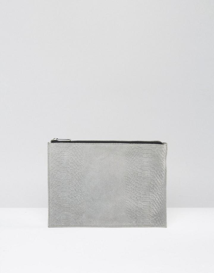 Asos Suede Snake Embossed Zip Top Clutch Bag - Gray