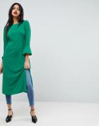 Asos Fluted Sleeve Midi Drouser Dress With Split - Green