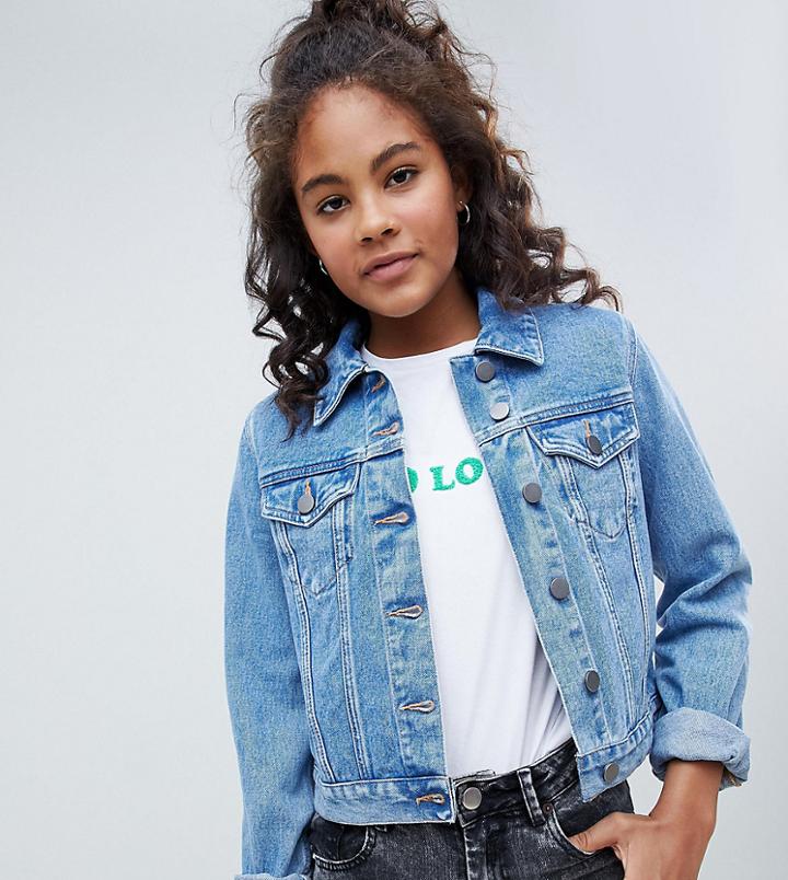 Asos Design Tall Denim Shrunken Jacket In Midwash Blue