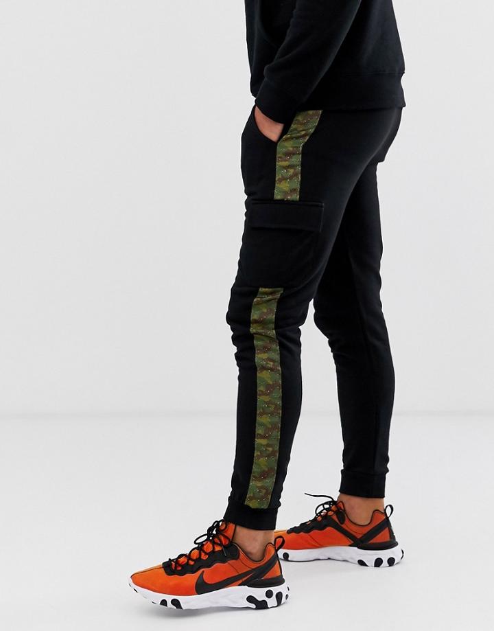 Asos Design Skinny Cargo Sweatpants With Camo Side Stripe-black
