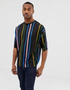 Asos Design Oversized T-shirt With Rainbow Vertical Stripe - Black