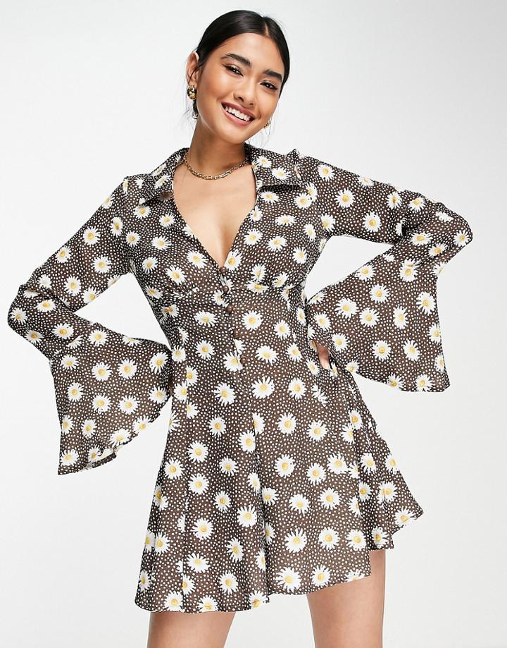 Asos Design Bubble Crepe Frill Sleeve Tea Romper In Brown Daisy Print-multi