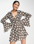 Asos Design Bubble Crepe Frill Sleeve Tea Romper In Brown Daisy Print-multi