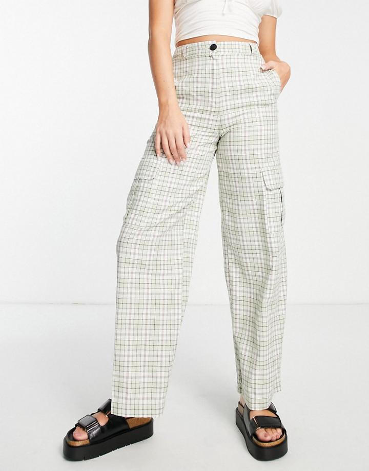 Topshop Straight Leg Utility Pants In Green Check