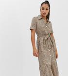 Asos Design Petite Midi Shirt Dress With Belt In Leopard-multi