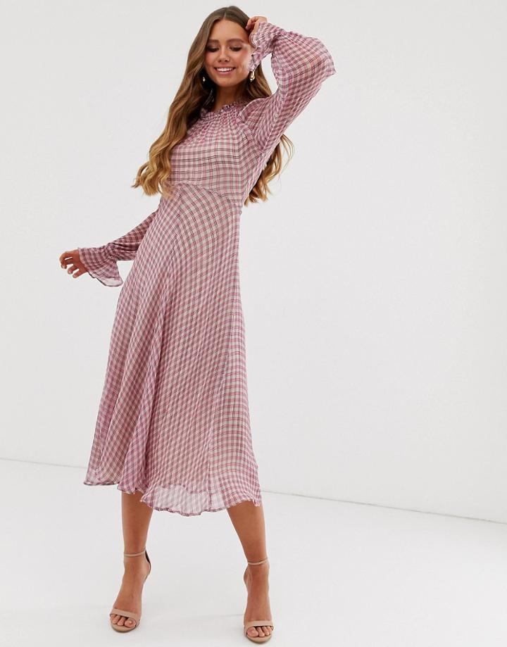 Ghost Ayesha High Neck Check Print Georgette Midi Dress - Pink