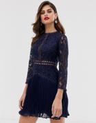 Asos Design Lace Mini Dress With Trim Inserts And Pleated Skirt-navy