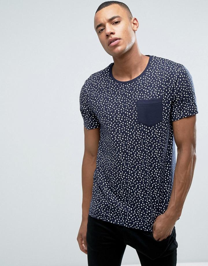 Esprit Slim Fit T-shirt With Contrast Pocket In Ditsy Print - Navy