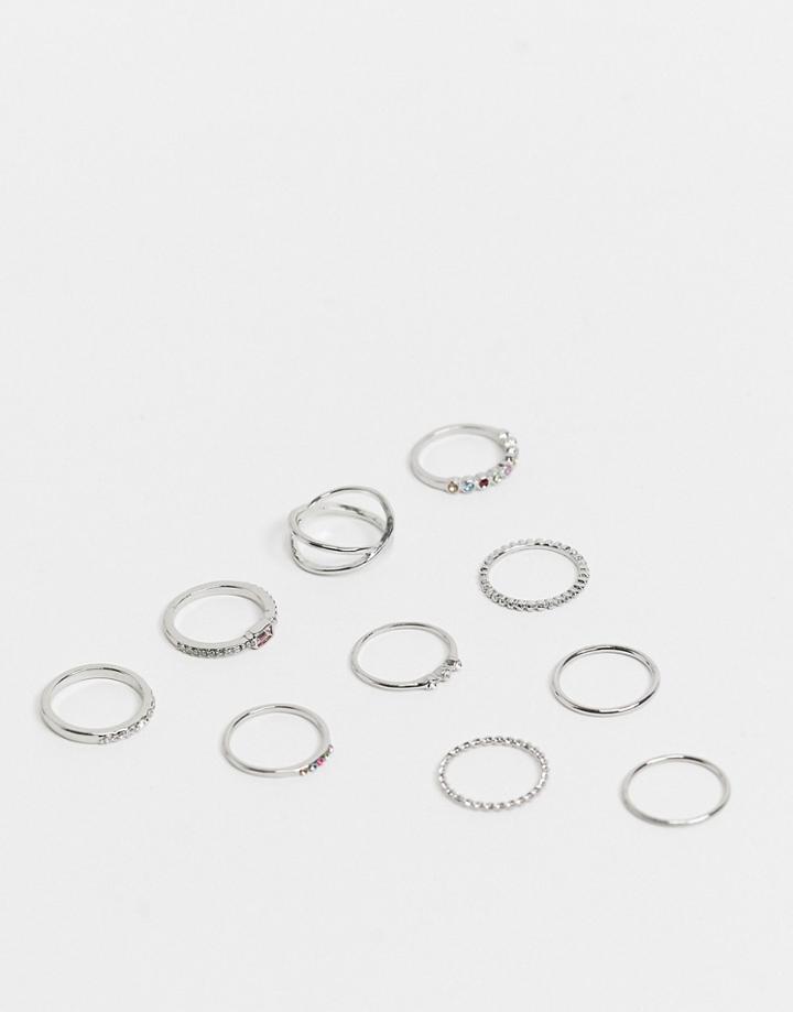 Topshop Stacking Ring Multipack X 11 In Silver With Rainbow Crystals