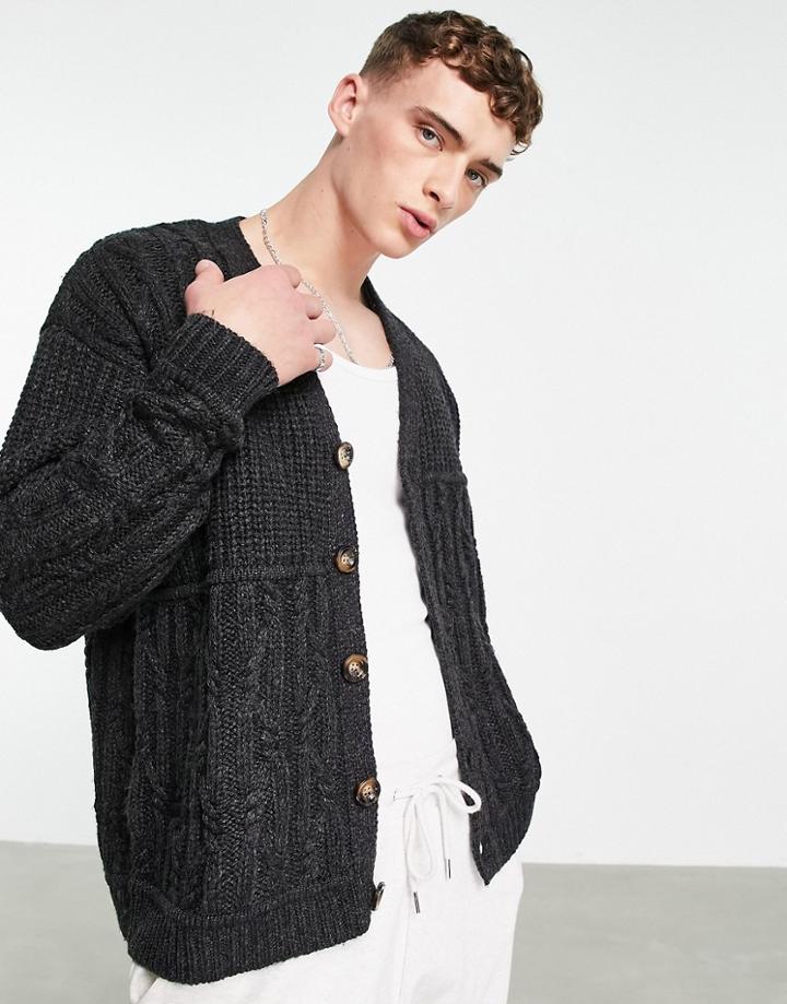 Asos Design Oversized Patchwork Cable Knit Cardigan In Gray-grey