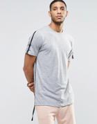 Asos Super Longline T-shirt With Taped Sleeves And Seams With Curved Hem - Gray Marl
