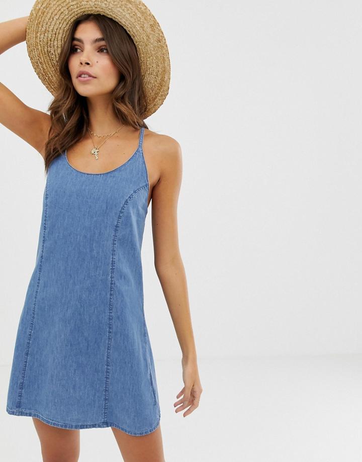 Asos Design Denim Sundress With Tie Back In Midwash Blue - Blue