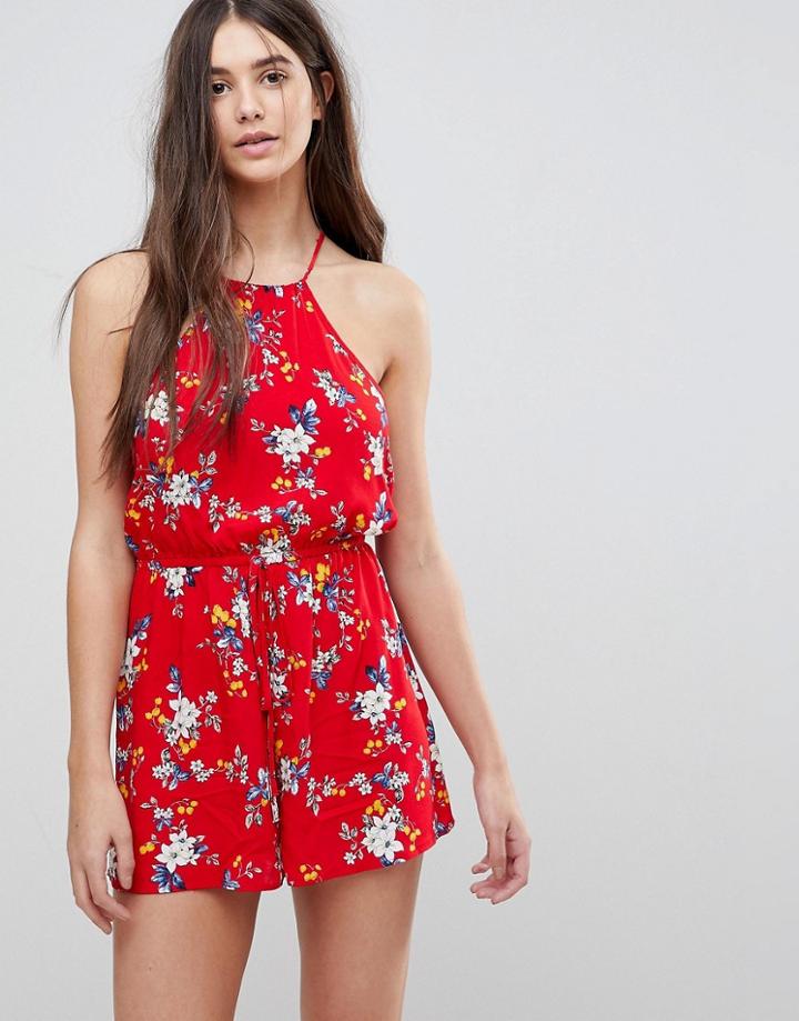 Ax Paris Ditsty Floral Racer Neck Romper - Red