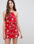 Ax Paris Ditsty Floral Racer Neck Romper - Red