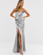 City Goddess Satin Ruffle Slit Front Maxi Dress-silver