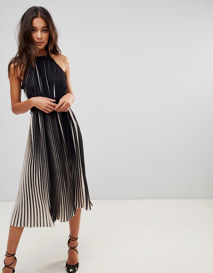 Little Mistress High Neck All Over Pleated Midi Dress - Black