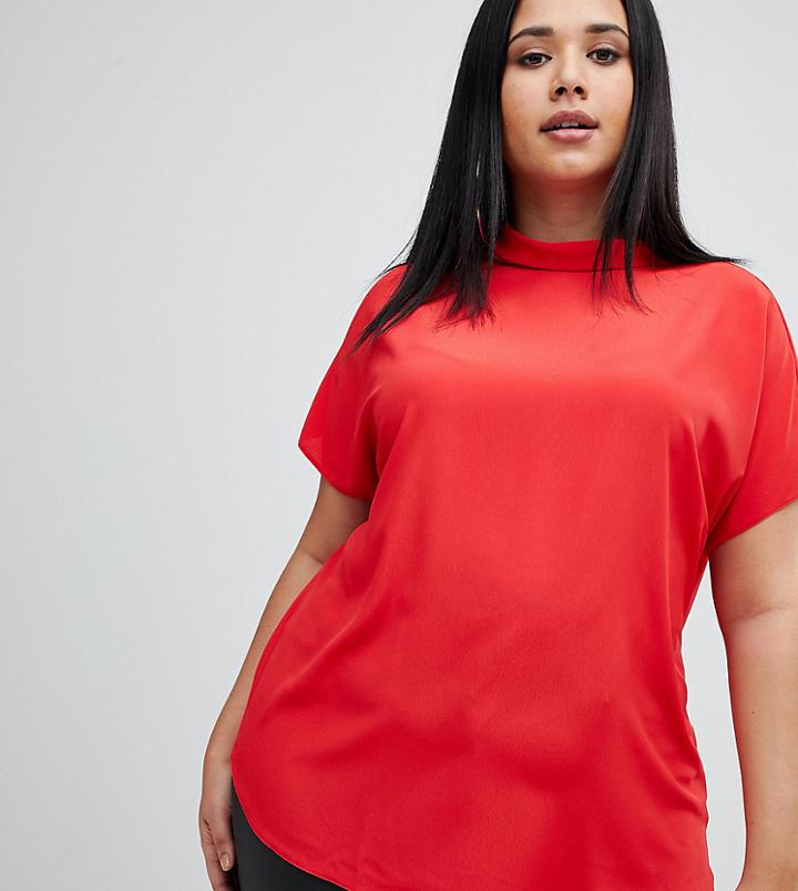 Asos Design Curve Short Sleeve High Neck Top - Red