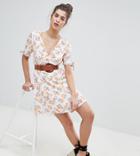 Reclaimed Vintage Inspired Floral Plunge Neck Tea Dress - White