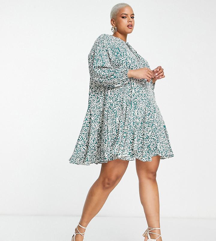 Glamorous Curve Tie Neck Tiered Smock Mini Dress In Teal Leopard-blue