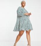 Glamorous Curve Tie Neck Tiered Smock Mini Dress In Teal Leopard-blue