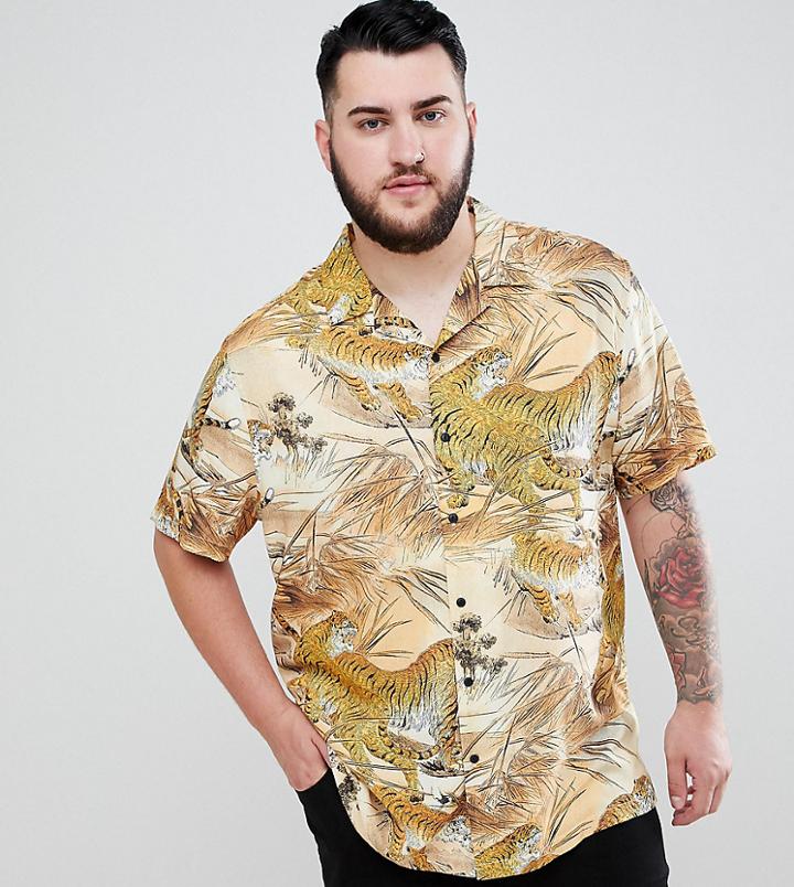 Asos Design Plus Regular Fit Tiger Print Shirt - Brown