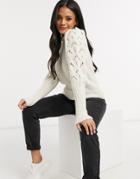Asos Design Sweater With Pointelle Sleeves And Neck Detail In Cream-white