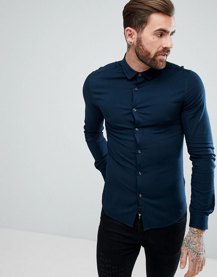 Asos Skinny Viscose Shirt In Navy - Navy