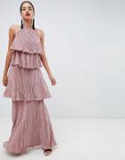Asos Design Tiered Plisse Maxi Dress-pink