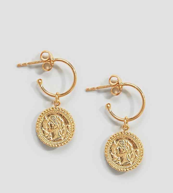 Asos Gold Plated Sterling Silver Vintage Style Coin Charm Hoop Earrings - Gold