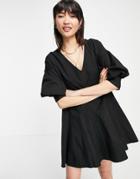 Pretty Lavish Organic Cotton Balloon Sleeve Mini Smock Dress In Black