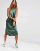 Asos Satin Front Sleeveless T-shirt Midi Dress - Green