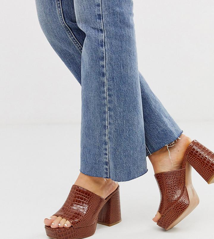 Asos Design Wide Fit Happy Chunky Platform Mules In Chesnut Croc - Pink