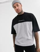 Asos Design Oversized T-shirt With Color Block And Small Chest Text Print-black