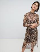 Asos Design Leopard Printed Mesh Midi Dress With Shirring Details - Multi