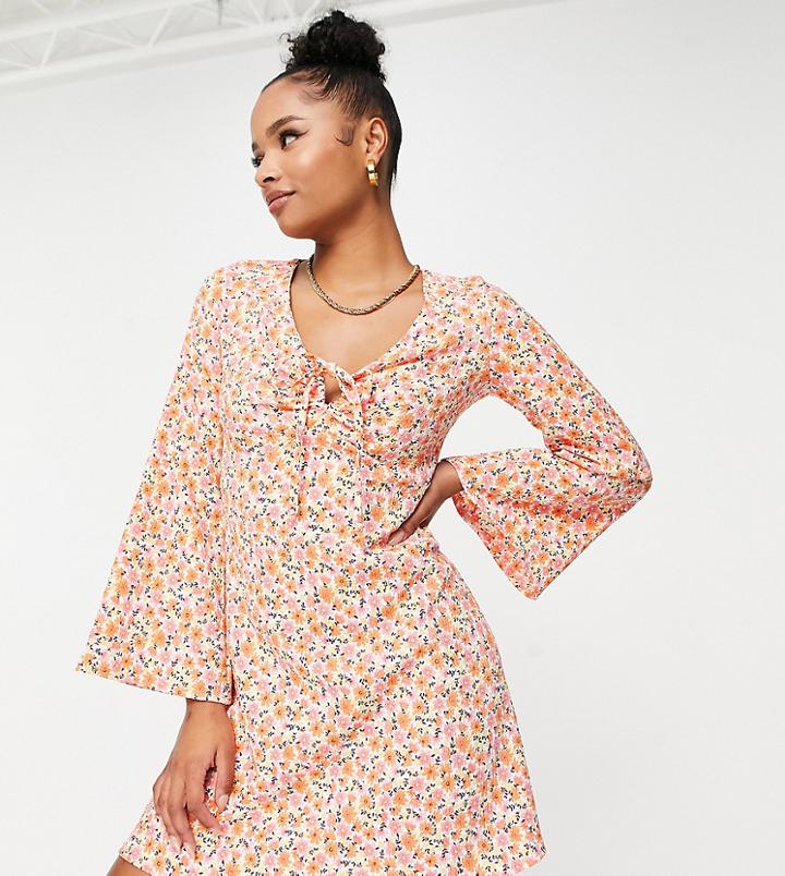 New Look Petite Tie Front Mini Dress In Orange Floral