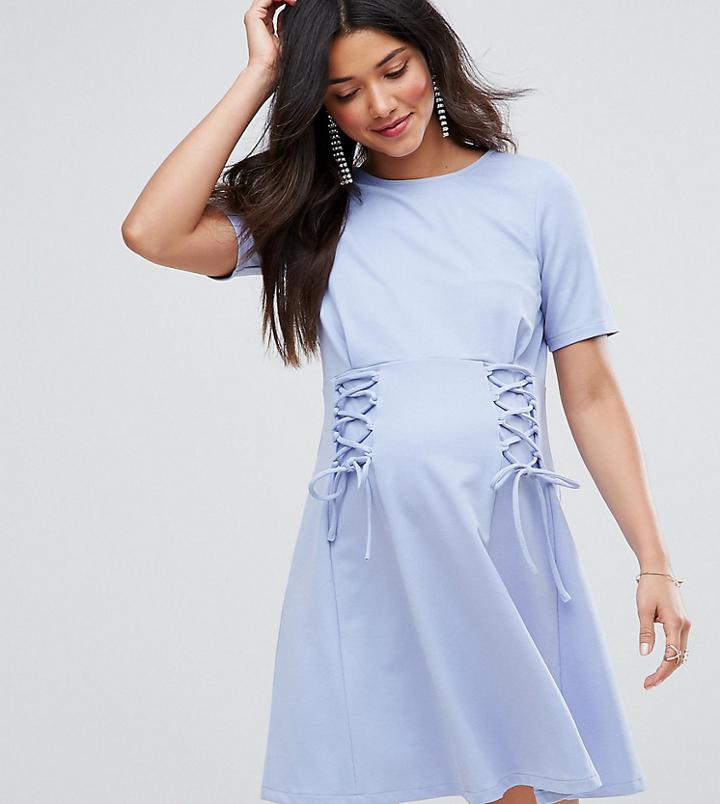 Asos Maternity Petite Lace Up Front Mini Skater Dress - Blue
