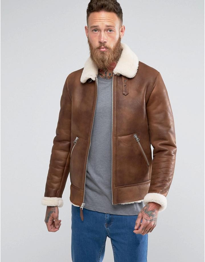Schott Shearling Flight Jacket Slim Fit In Tan - Tan