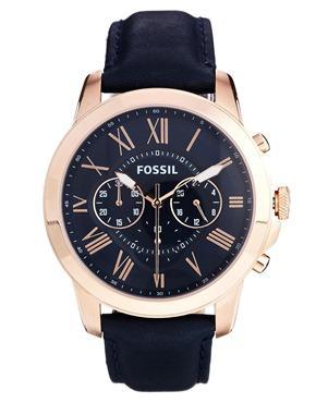 Fossil Grant Blue Leather Strap Chronograph Watch Fs4835 - Blue