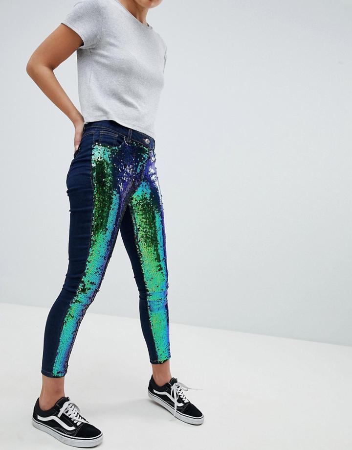 Parisian Festival Skinny Jeans In Iridescent Sequins-blue